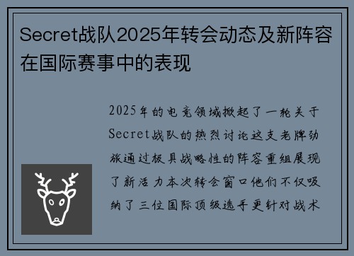 Secret战队2025年转会动态及新阵容在国际赛事中的表现